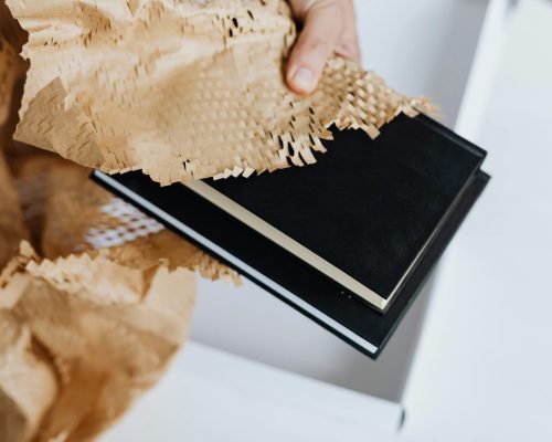 Flat lay of three books stacked on a clean white desk beside a red pen and printed manuscript pages, representing different editorial stages.